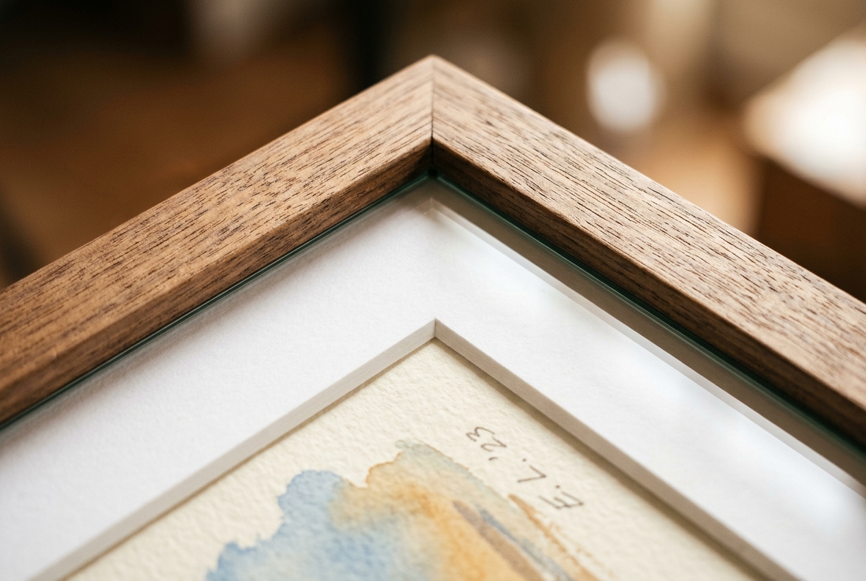 Måttanpassad inramning — handbyggd valnötsram med synliga geringsskarvar